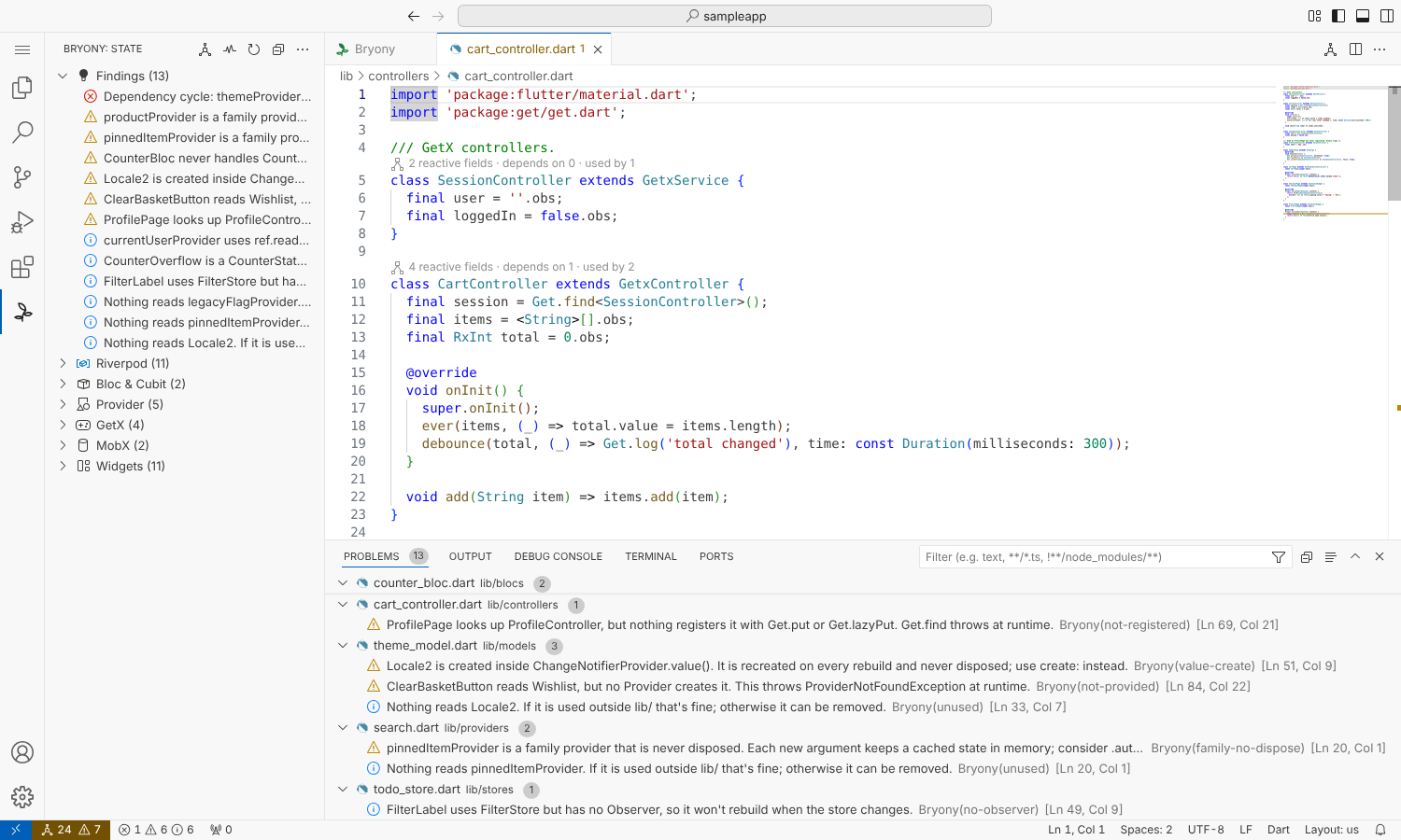 Bryony findings in the VS Code sidebar, CodeLens and Problems panel