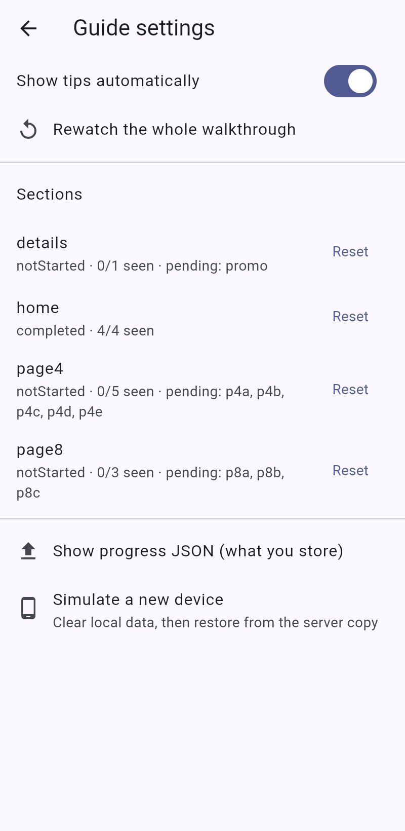 Settings page with progress