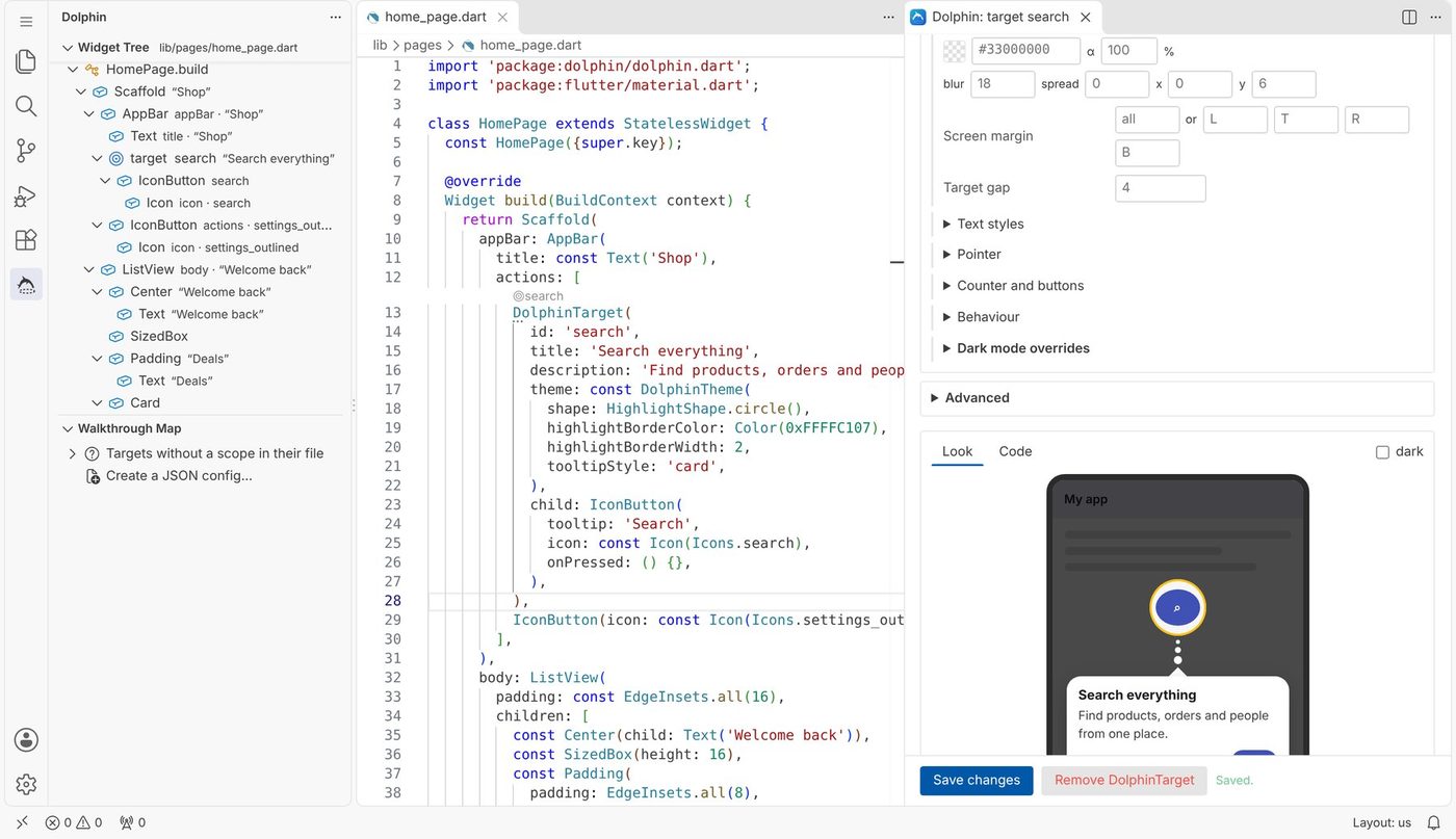 The widget tree, the code and the configure panel