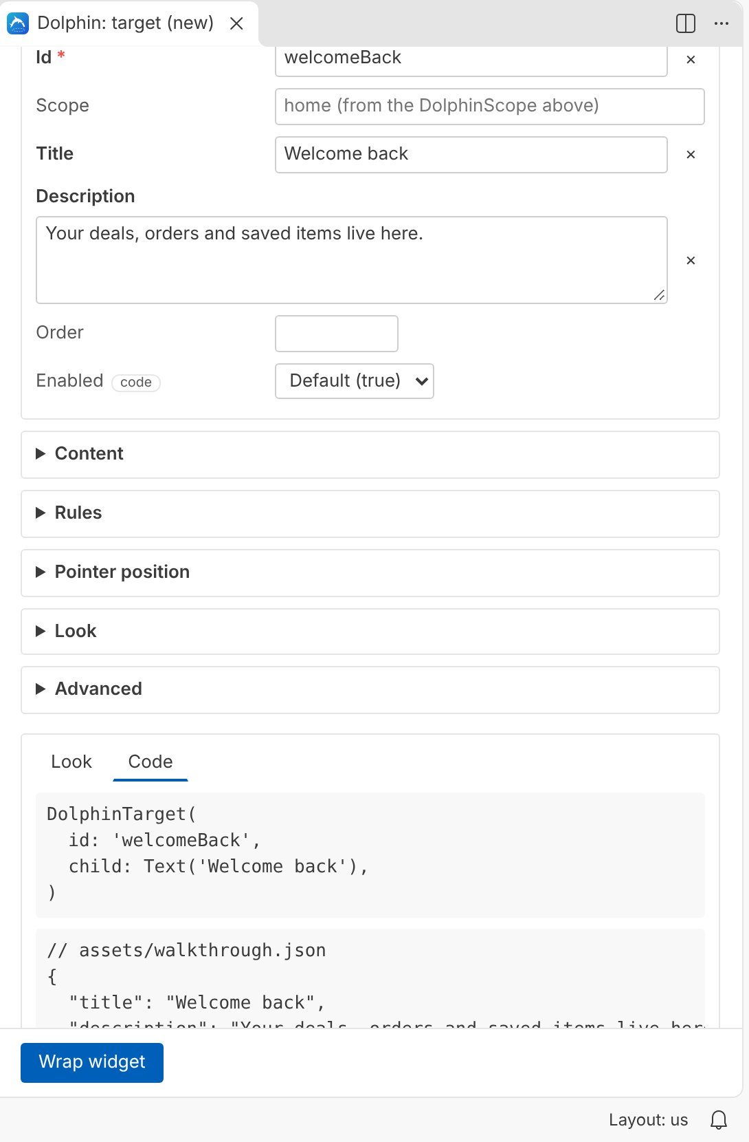 The code tab showing Dart and JSON