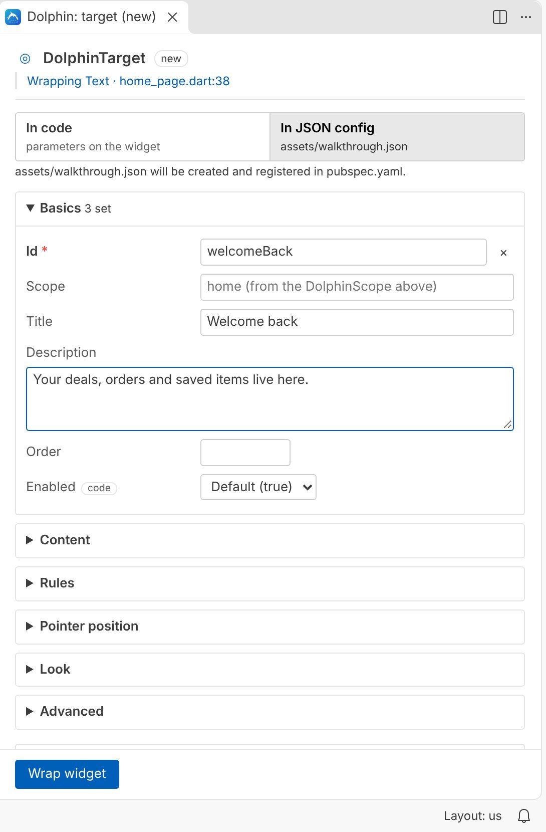 The form with In JSON config selected