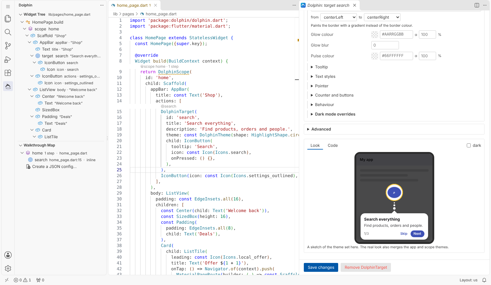 The widget tree, the code and the configure panel side by side