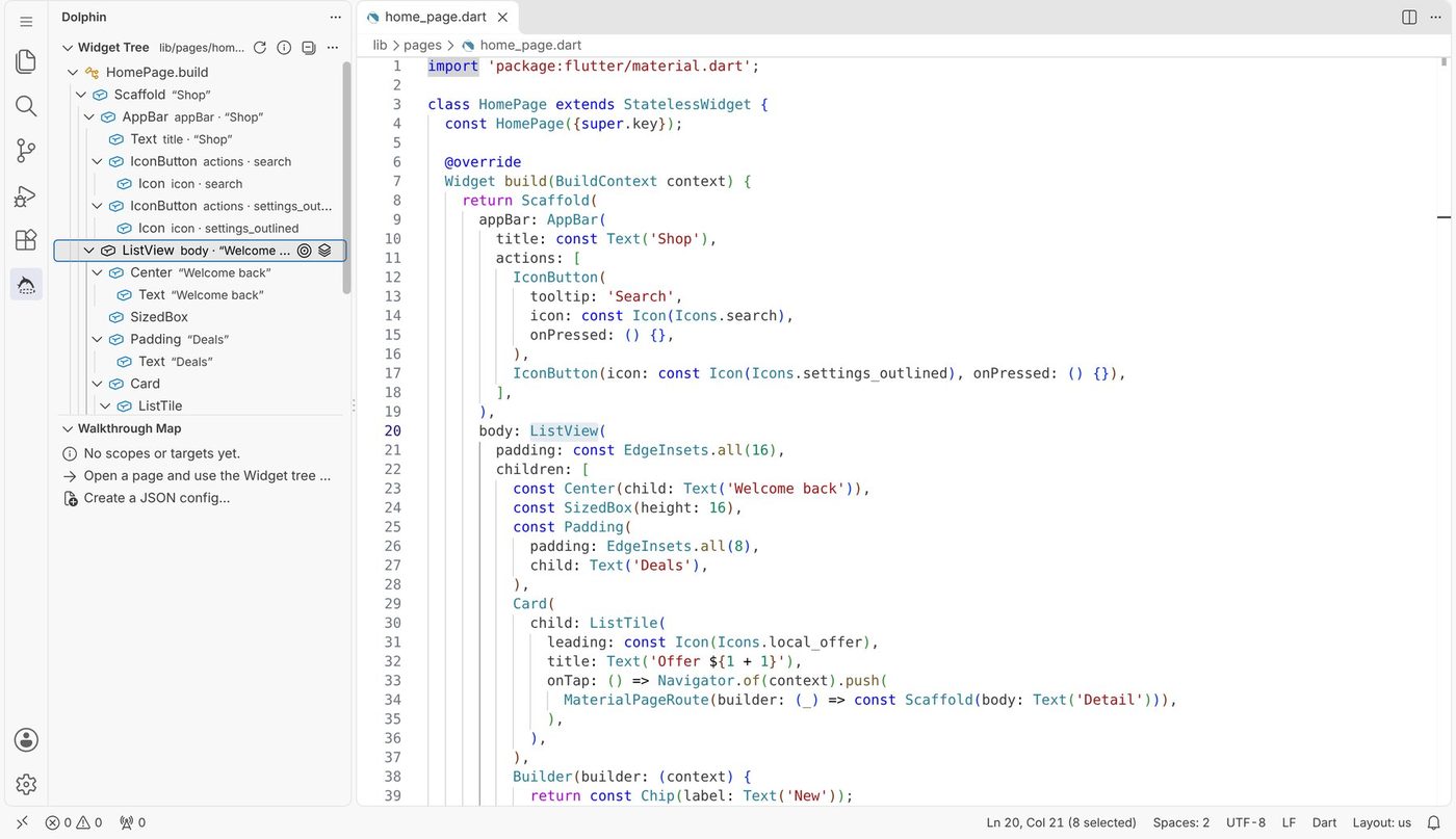The widget tree beside the code
