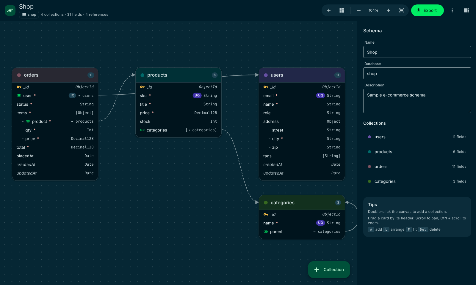 Kosmora schema designer in dark mode